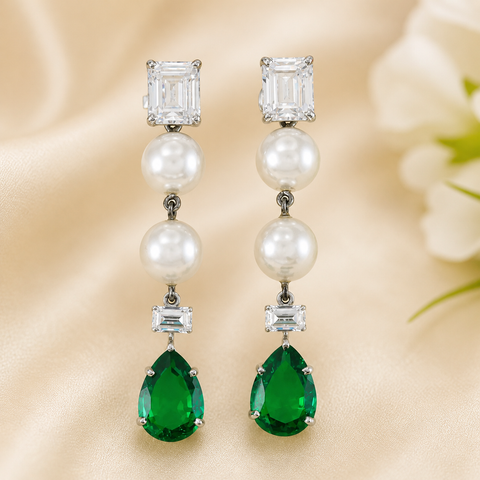 Oviya Green Stone Pearl Earrings