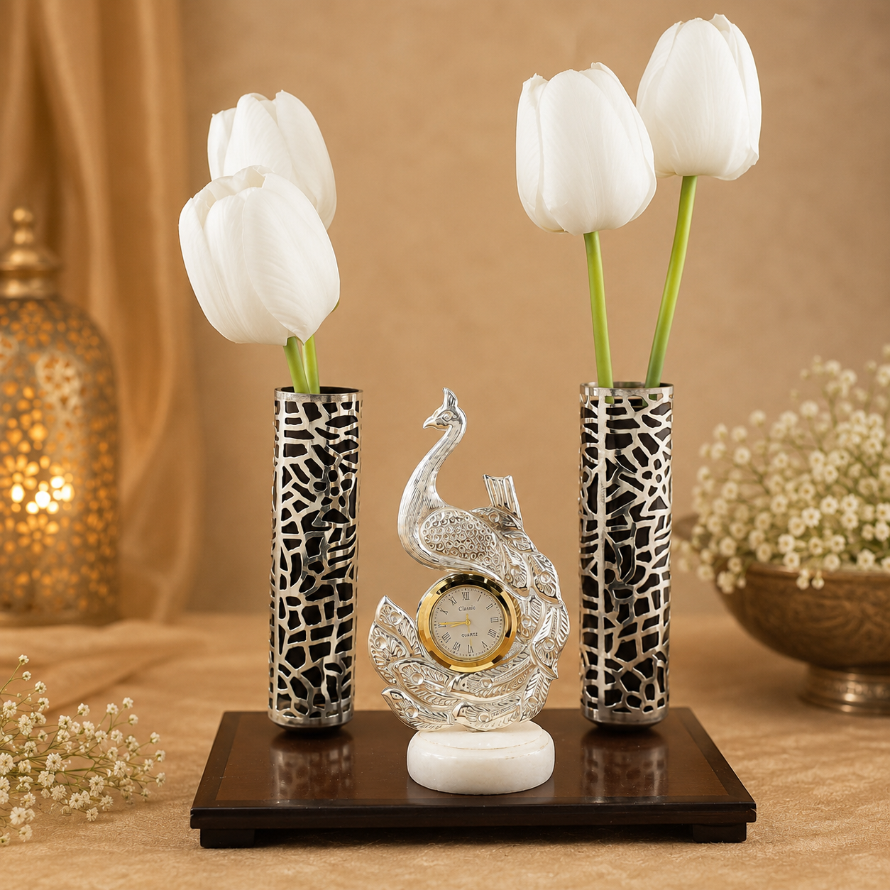 Antique Peacock Silver Table Clock