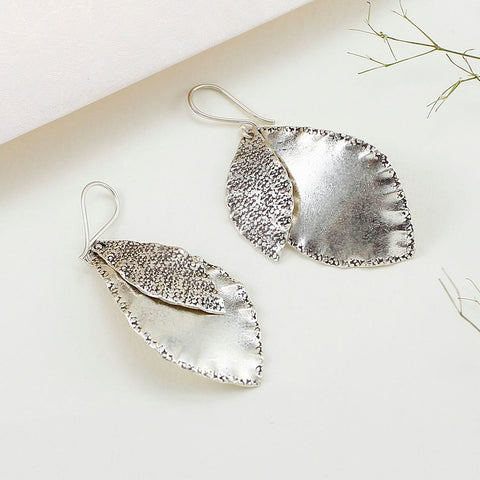 Sara Textured Dual Leaf Silver Danglers Earrings