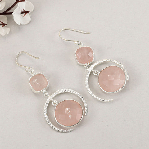 Rose Quartz moon Danglers Silver Earrings