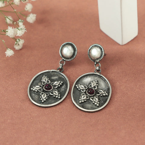 Chhavi Antique Silver Star Red Stone Earrings