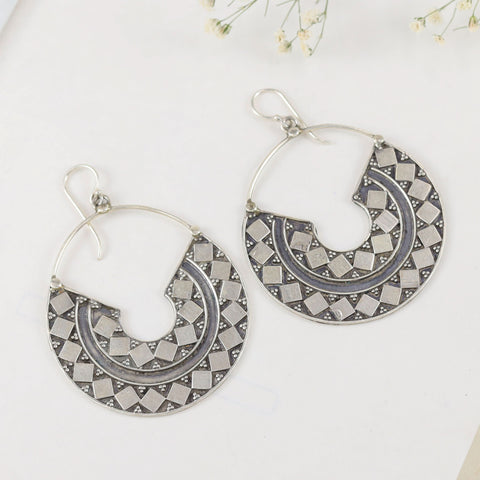 Aavya Ethnic Oxidised Statement Hoops Silver Earrings