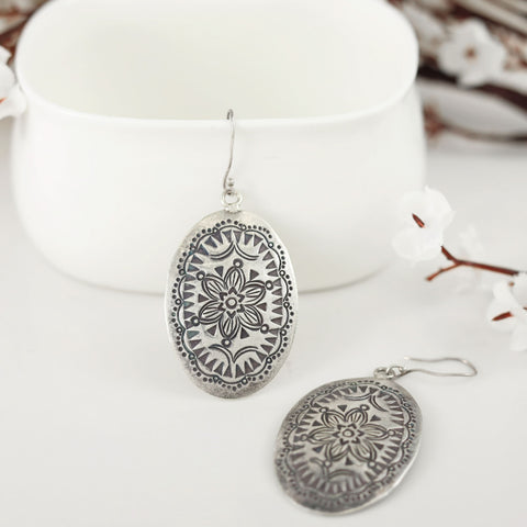 Nisha Floral Engraved Silver Danglers Earrings