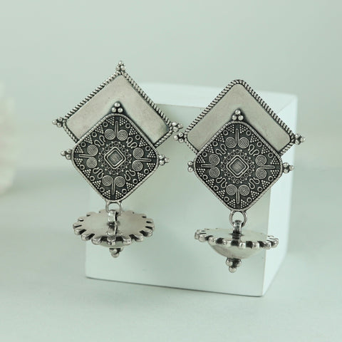 Tanvi Geometric Design With Ethnic Roots Silver Earrings