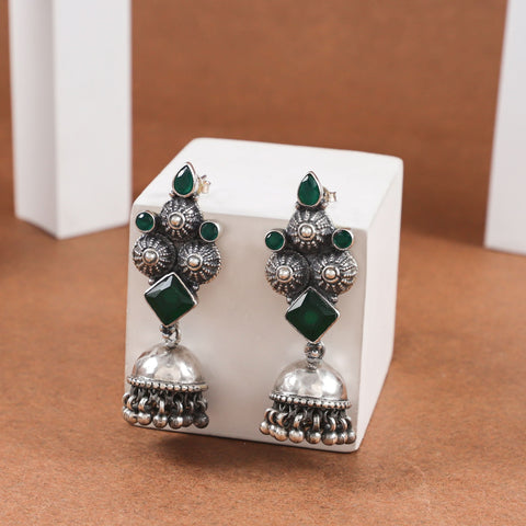 Tanvi Elegant Silver Jhumkas With Green Stone