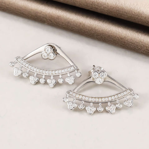 Fan Shaped Studs With Cz Sparkle Silver Earrings