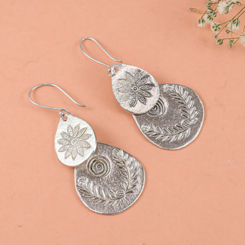 Amita Dual Drop Design Floral Leaf Silver Earrings
