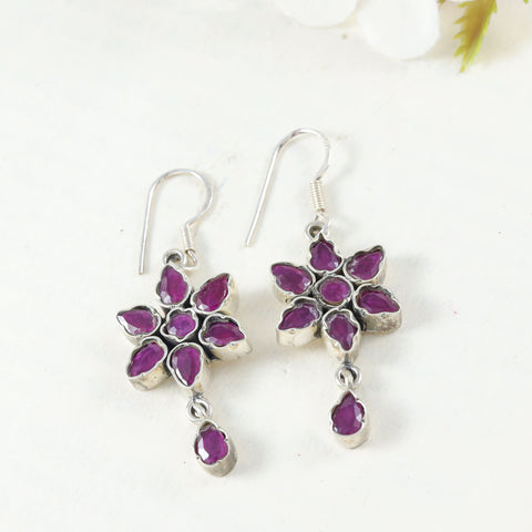 Ambika Floral Ruby Design Elegant Silver Earrings