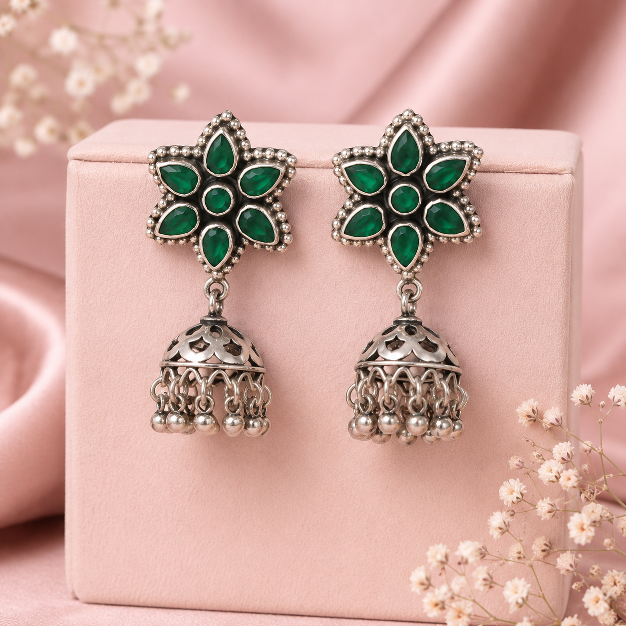 Shobha Pearl With Green Stone Silver Jhumki