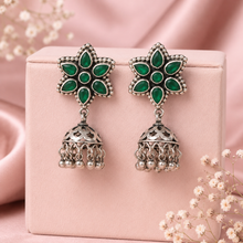 Shobha Pearl With Green Stone Silver Jhumki