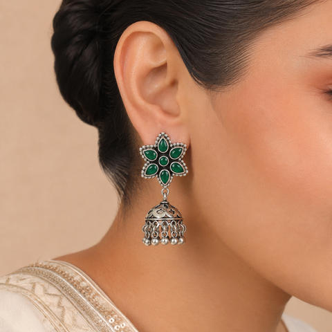 Shobha Pearl With Green Stone Silver Jhumki