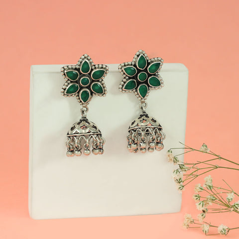 Shobha Pearl With Green Stone Silver Earrings