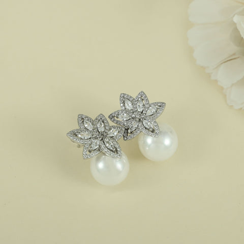 Avni Silver CZ Earrings With Floral Design & Pearl