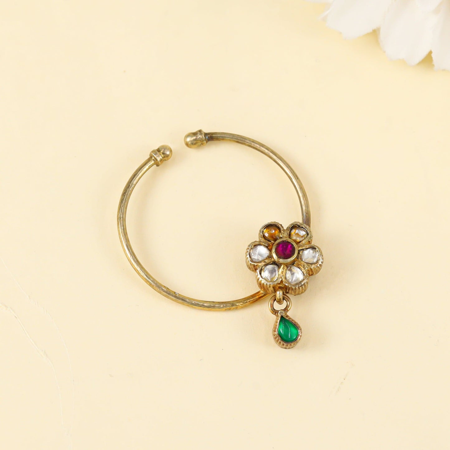 Siya Red-Green Gold Plated Kundan Silver Nose Ring