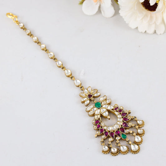 Ananya Maroon Green Gold Plated Kundan Silver Maang Tikka