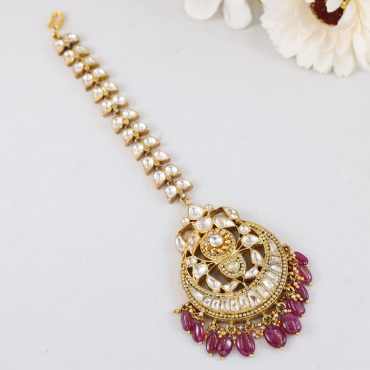 Vaanya Pink Gold Plated Kundan Silver Maang Tikka