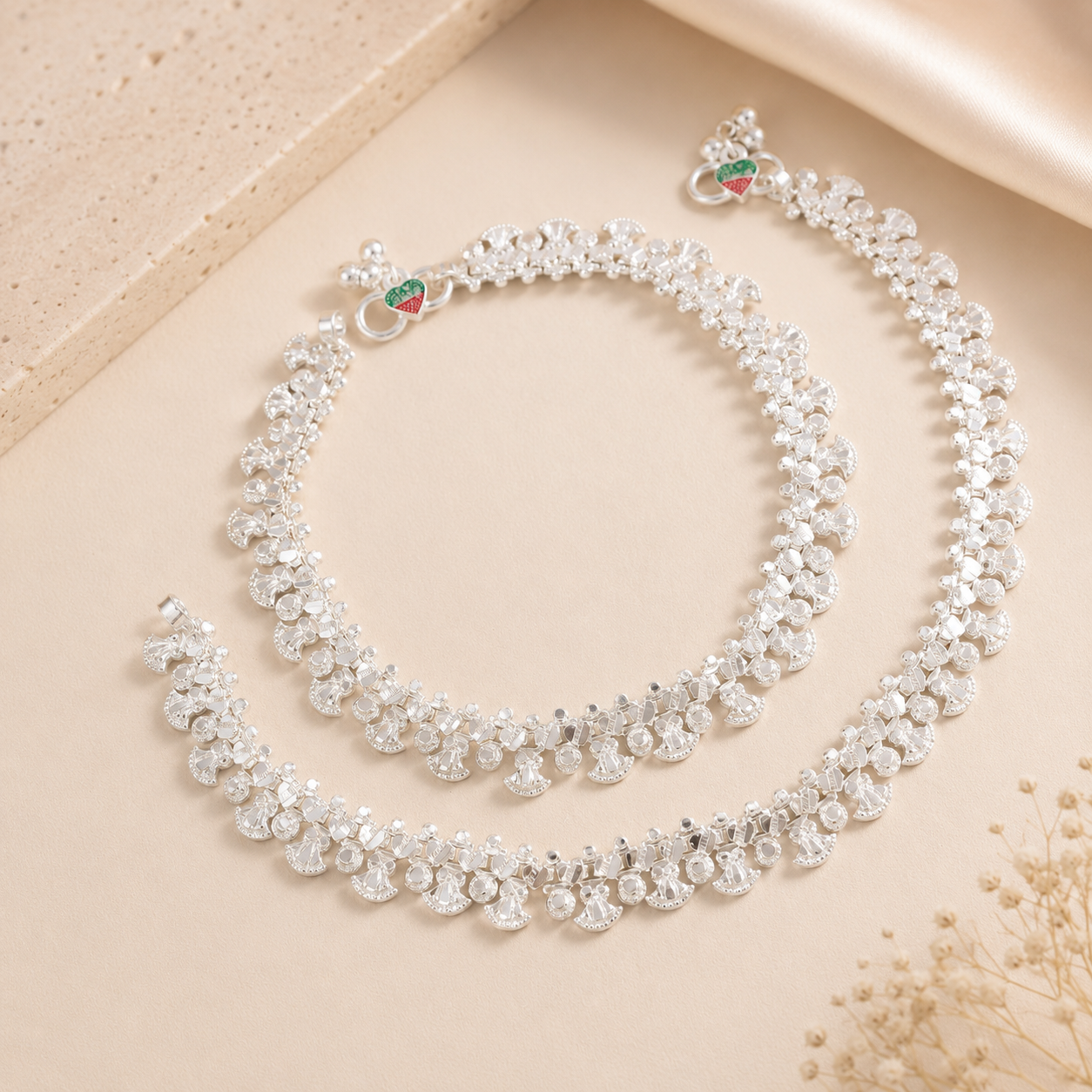 Devika Floral Silver Anklets