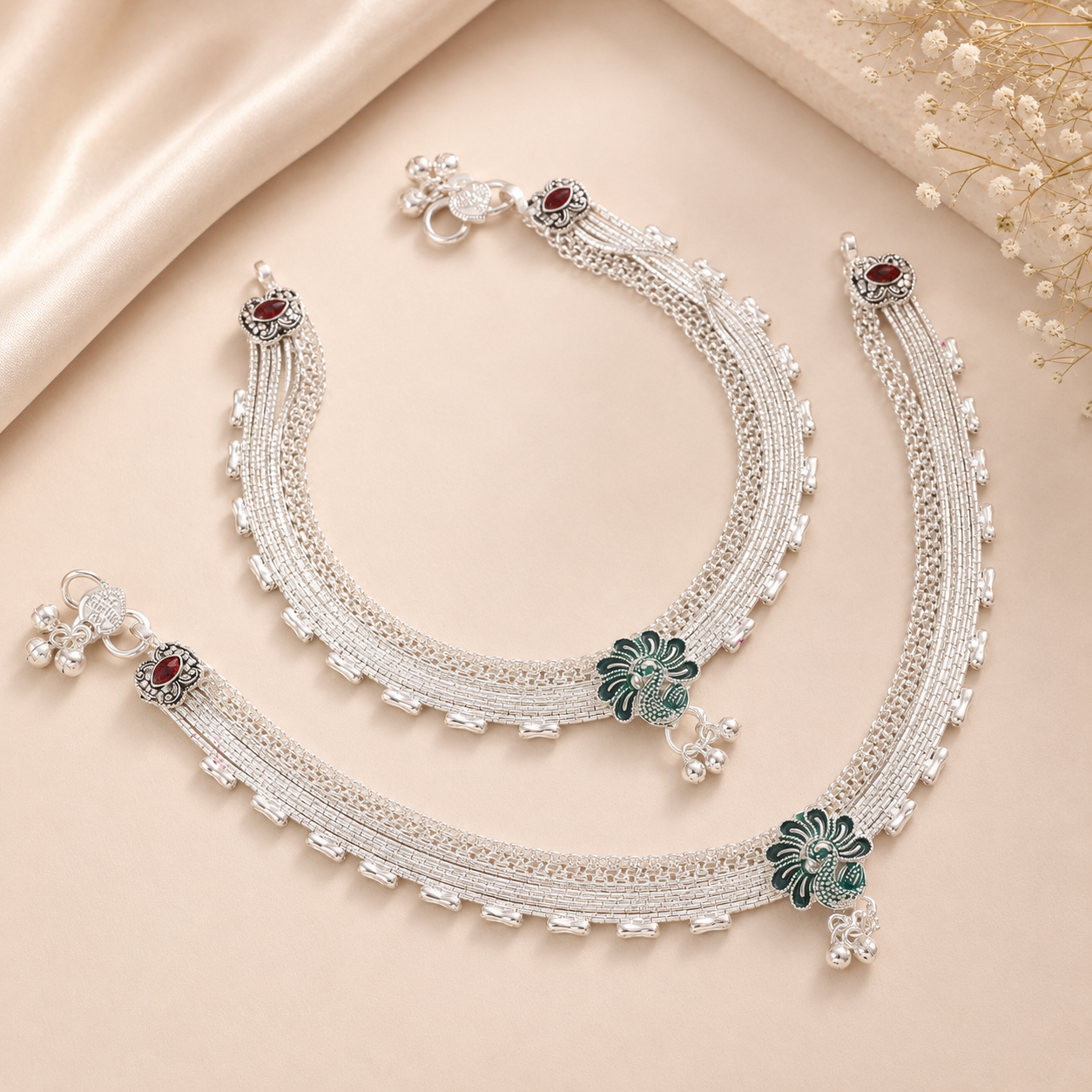 Shagun Peacock Pearl Silver Anklets