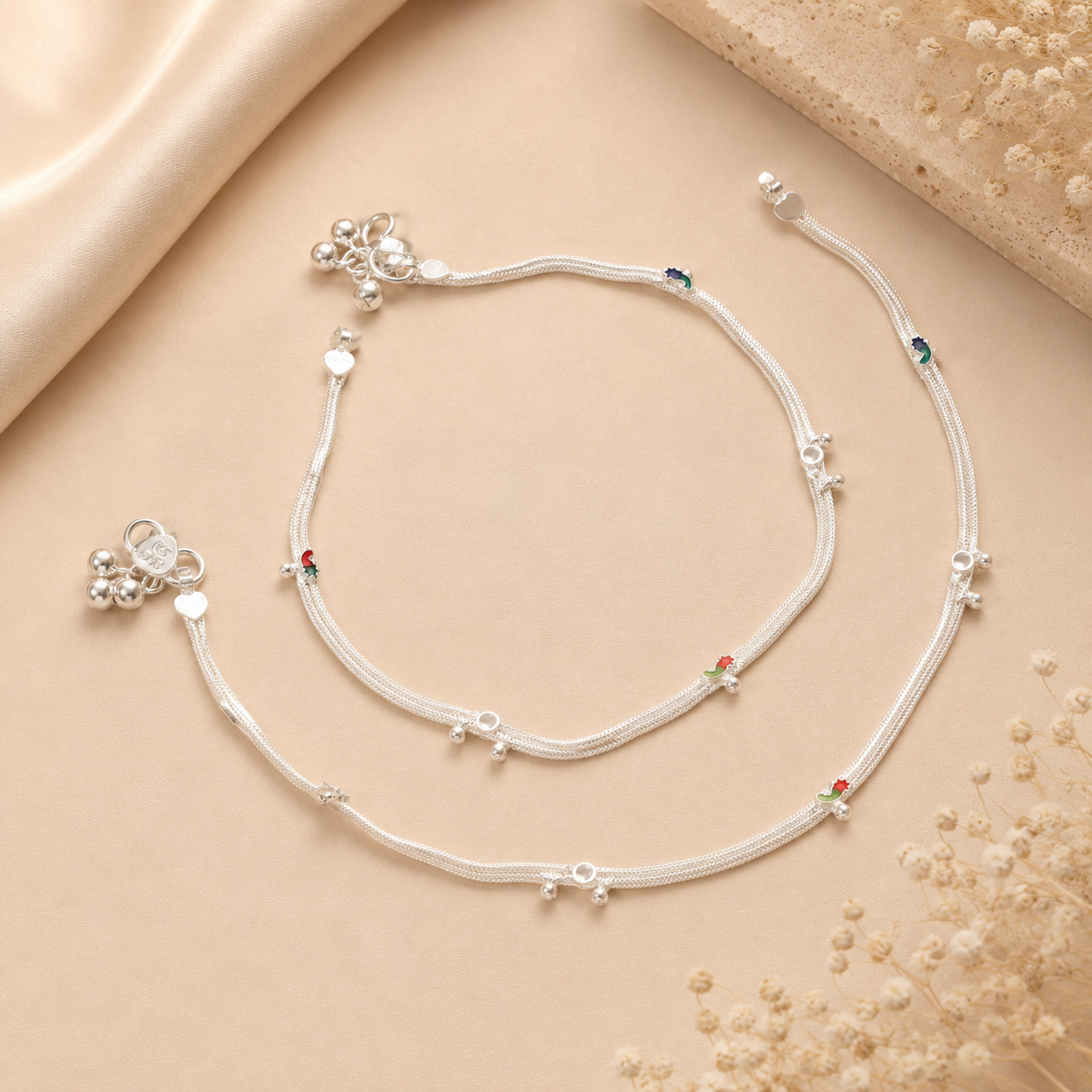 Saanvi Heart Silver Anklets