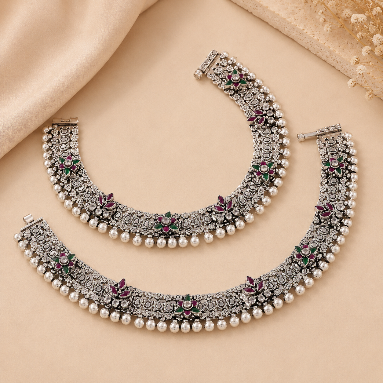 Zariya Floral Silver Anklets