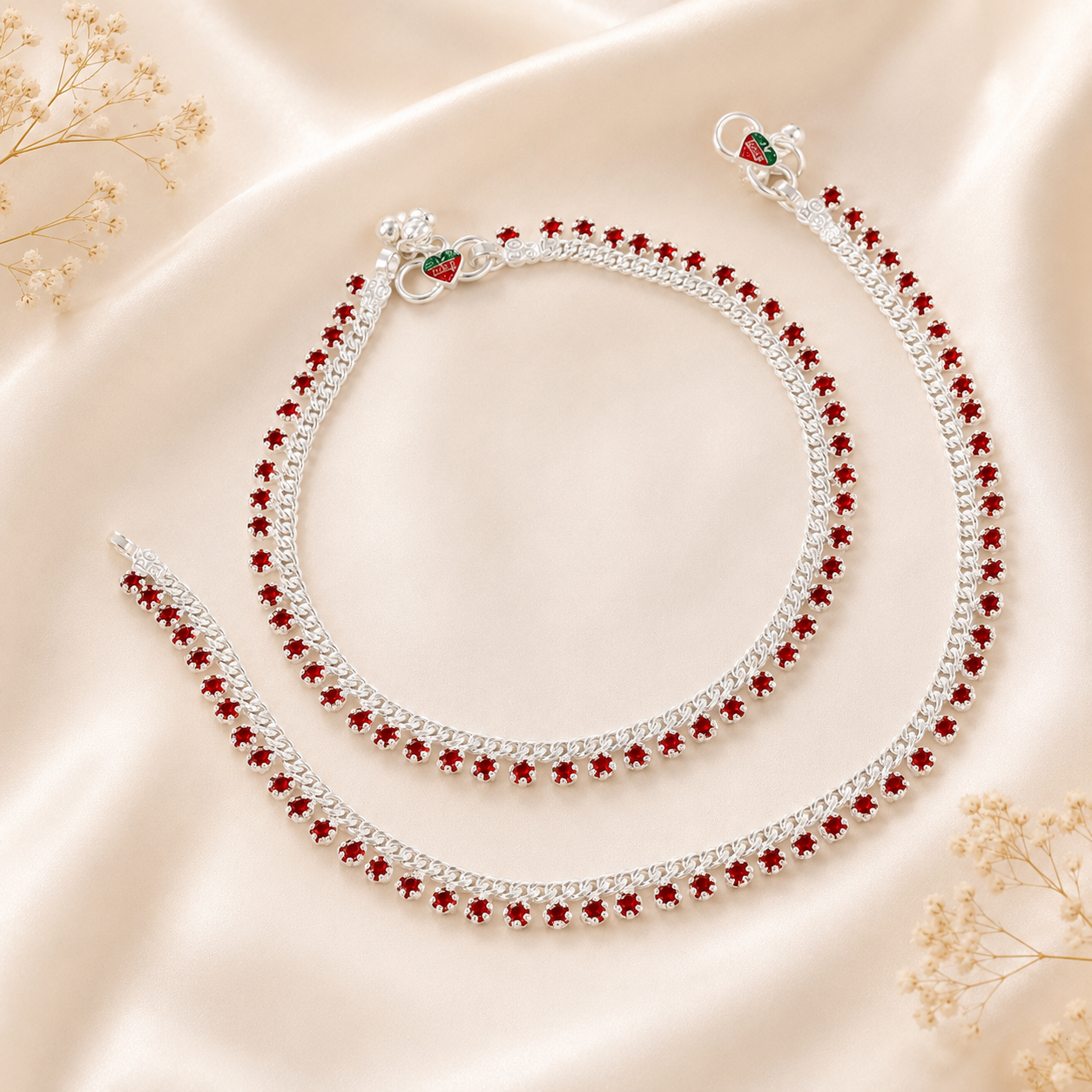 Kiara Red Jewel Silver Anklets