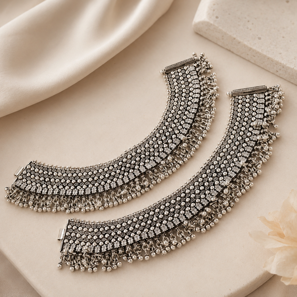 Aarohi Antique Silver Anklets