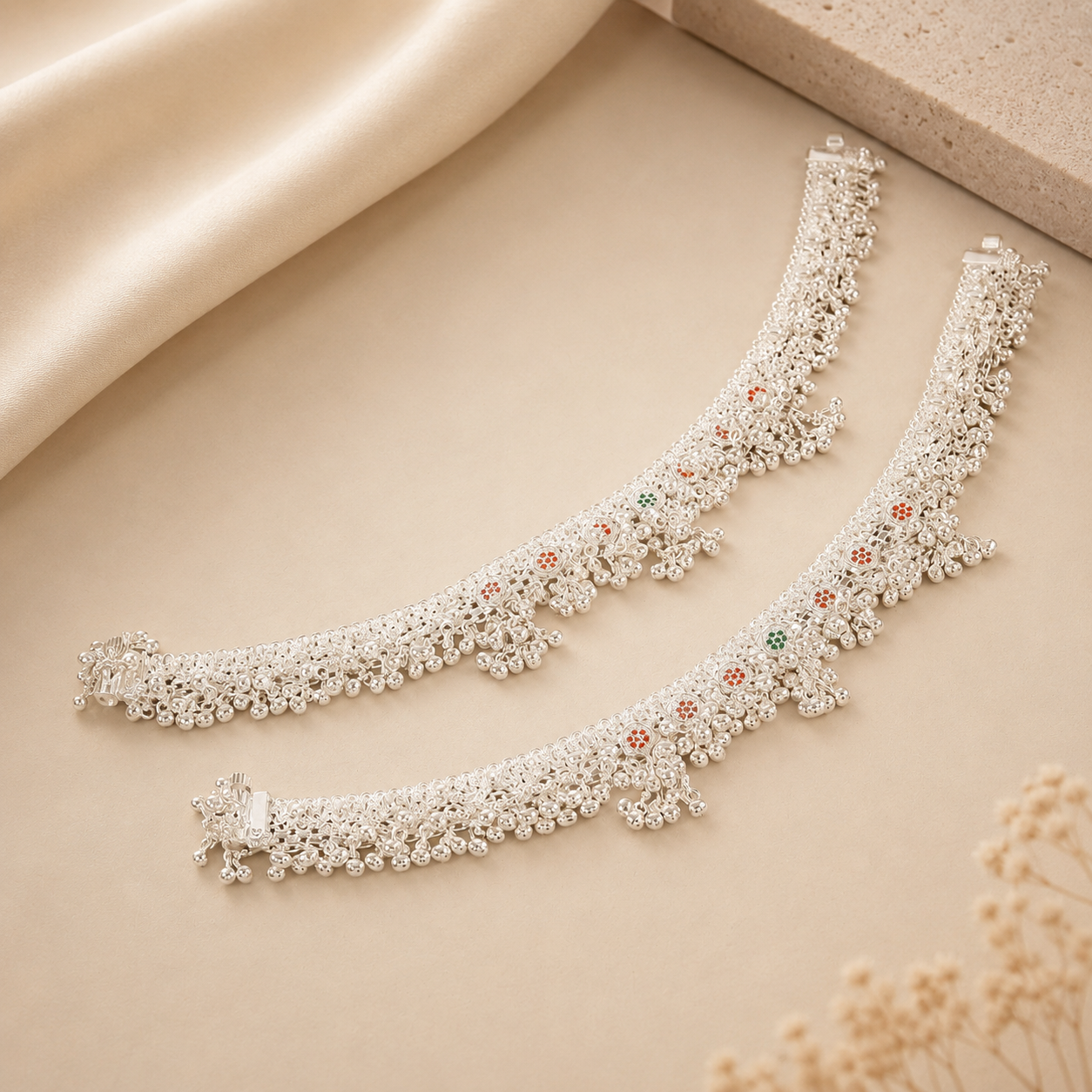 Aarna Floral Silver Anklets