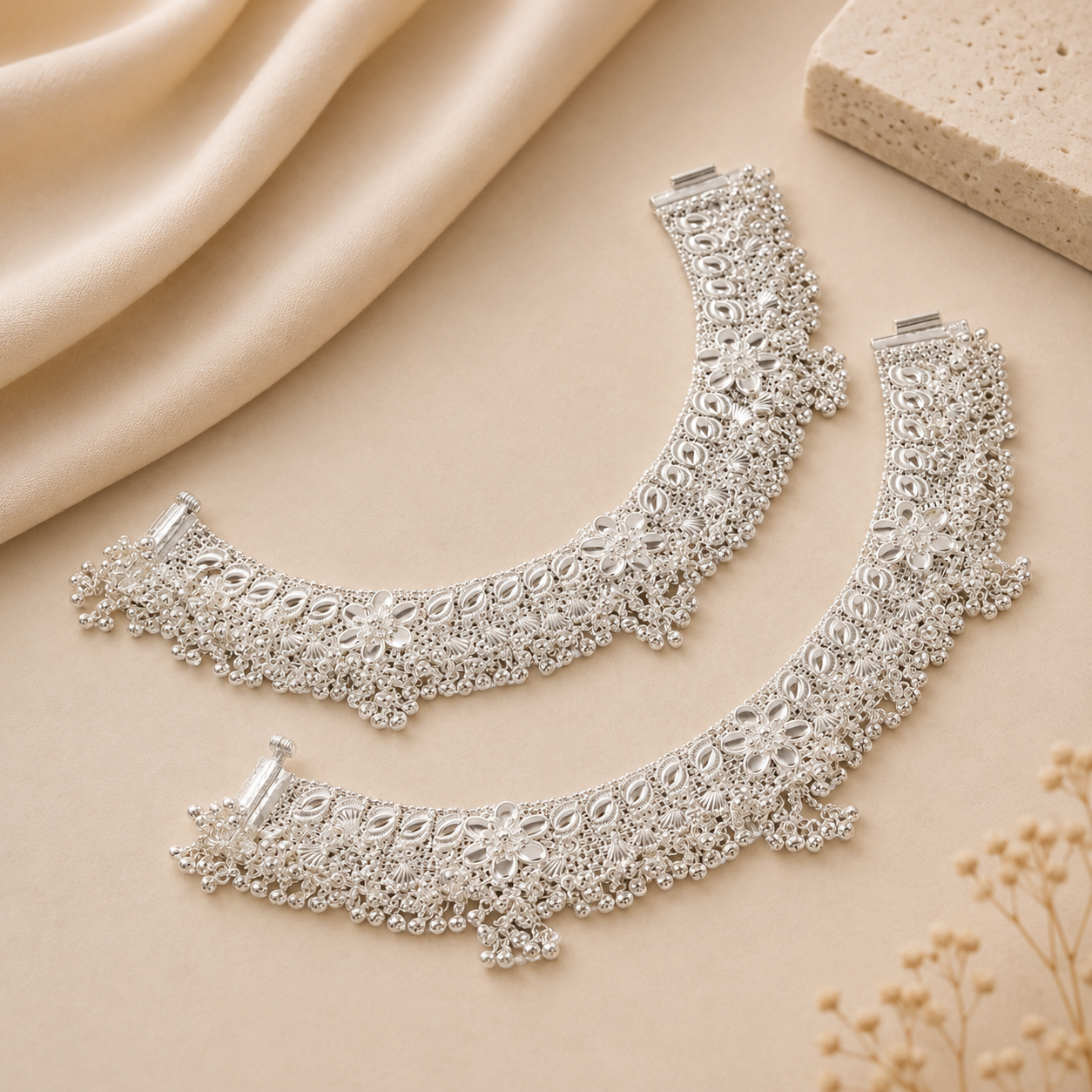 Maharani Floral Silver Anklets