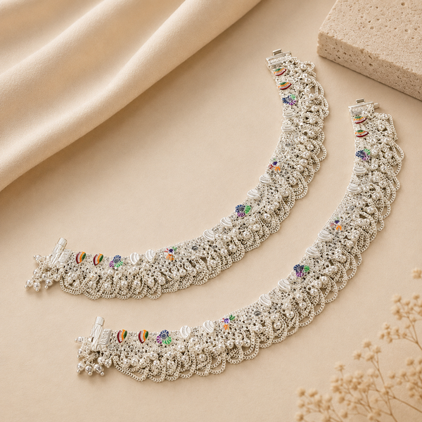 Regal Peacock Silver Anklets