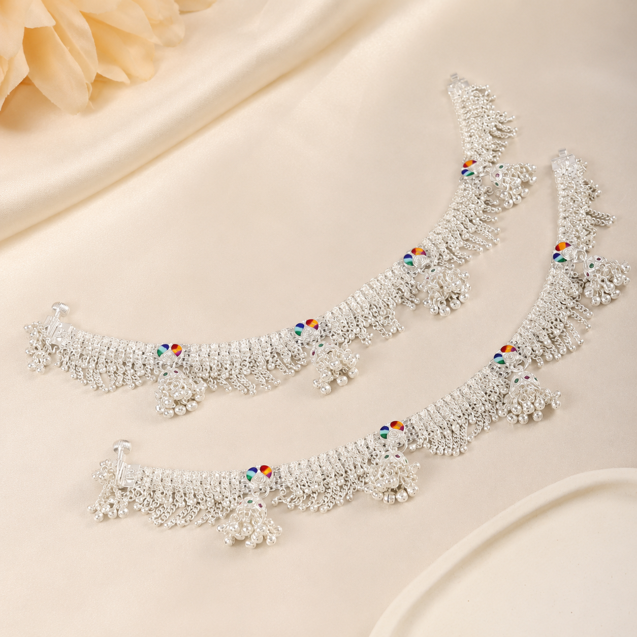 Myra Rangoli Silver Anklets
