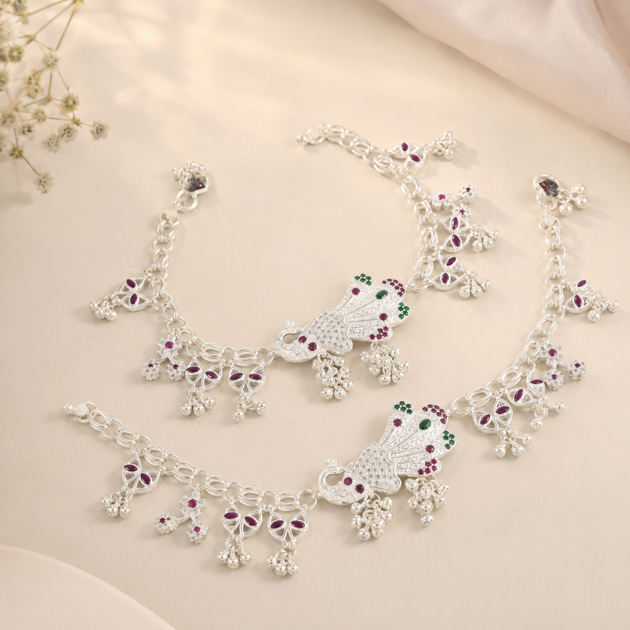 Anaya Peacock Luxe Silver Anklets
