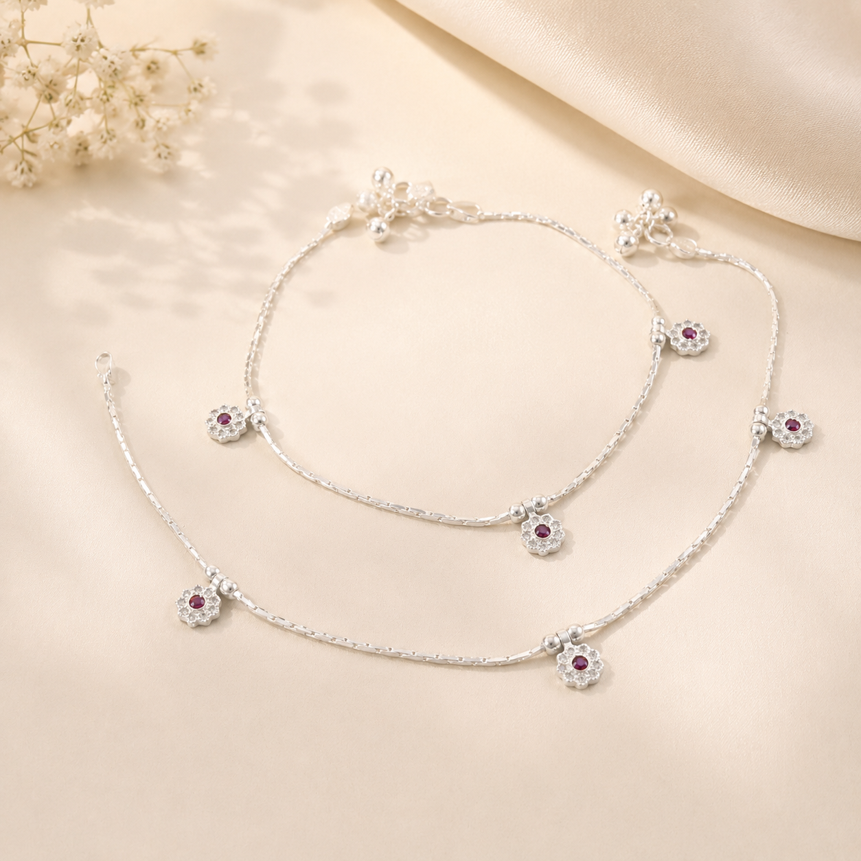 Mishka Floral Charm Silver Anklets
