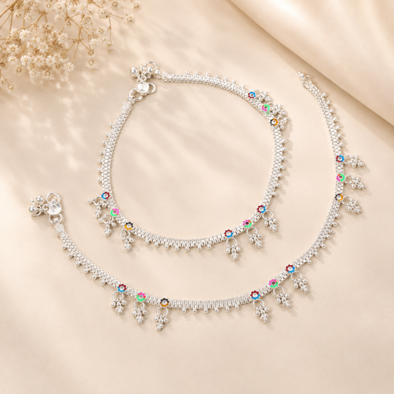 Navya Color Bloom Silver Anklets