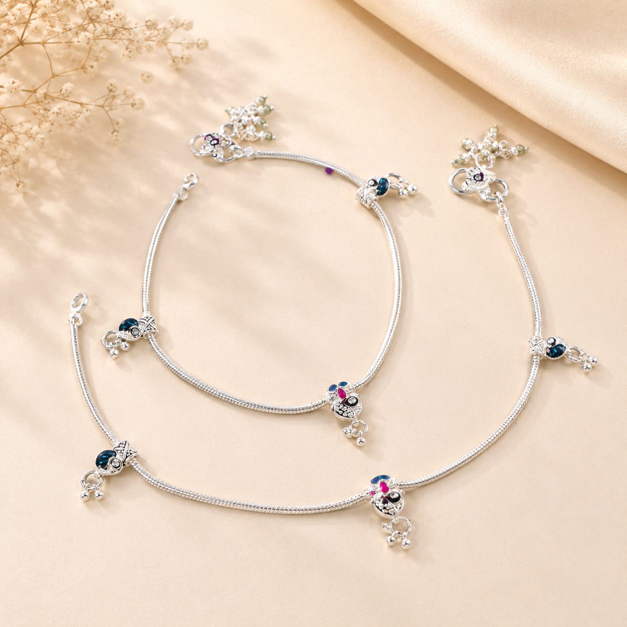Aadhya Precious Stone Silver Anklets