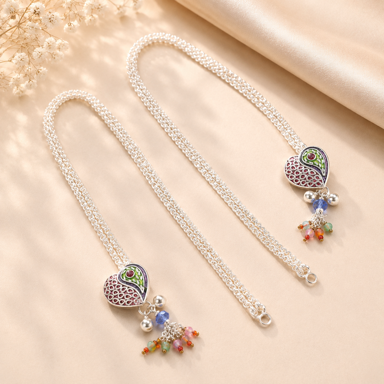 Riva Peacock Heart Silver Anklets