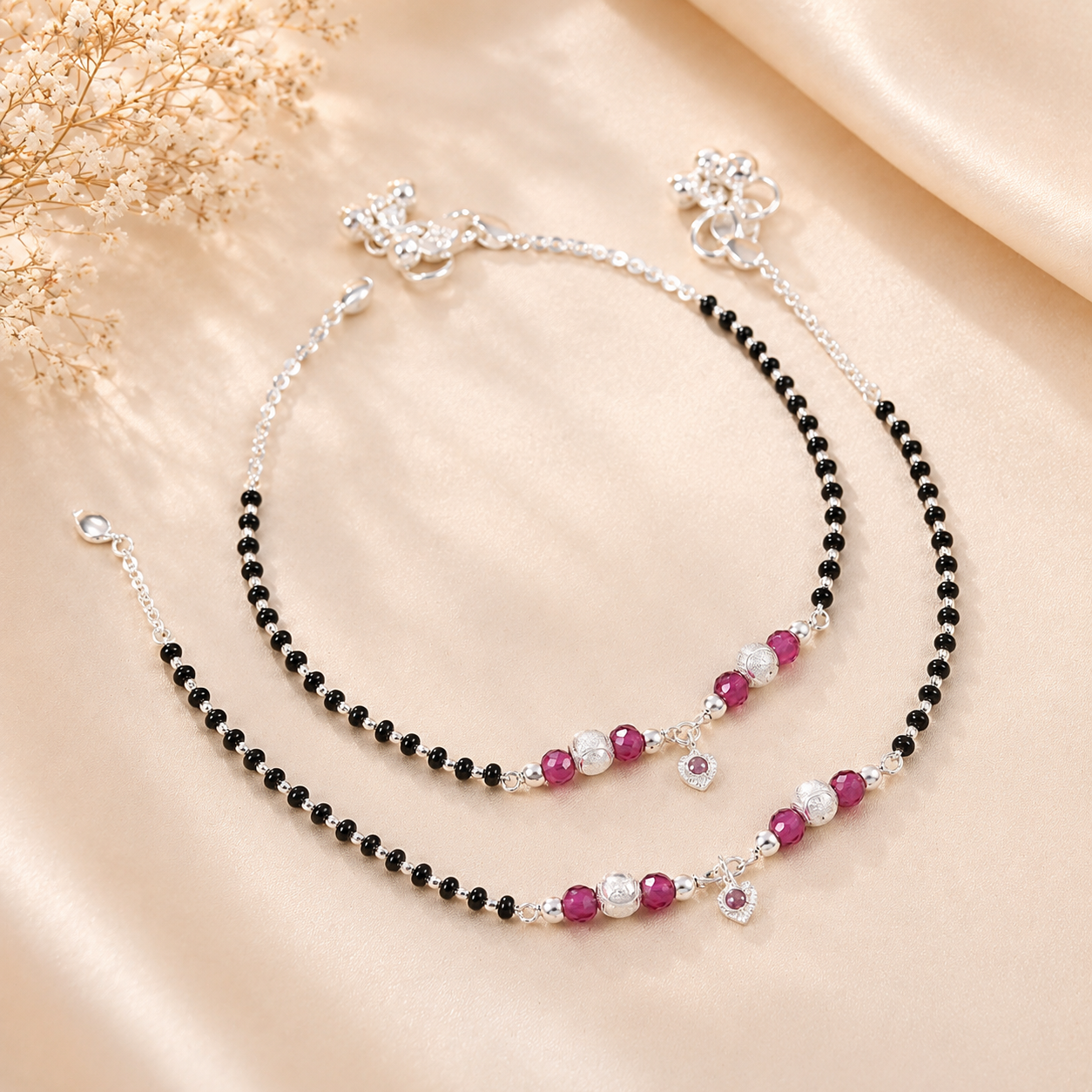 Black Bead Heart Silver Anklets