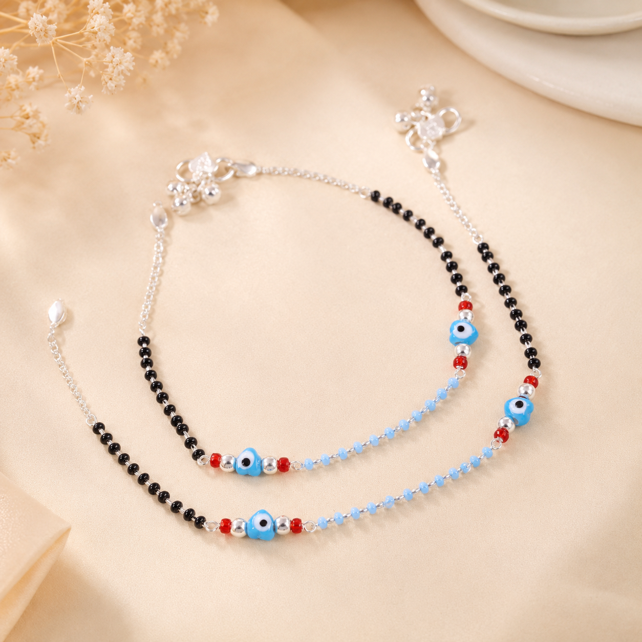 Saanvi Evil Eye Silver Anklets