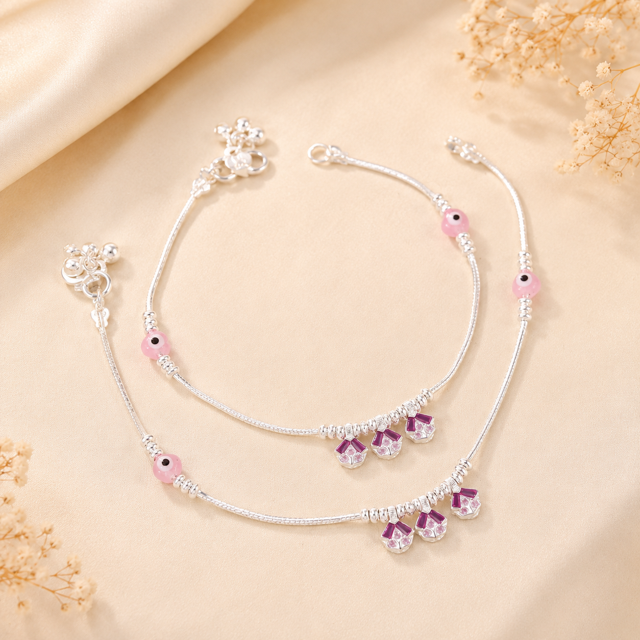 Kyra Pink Charm Silver Anklets