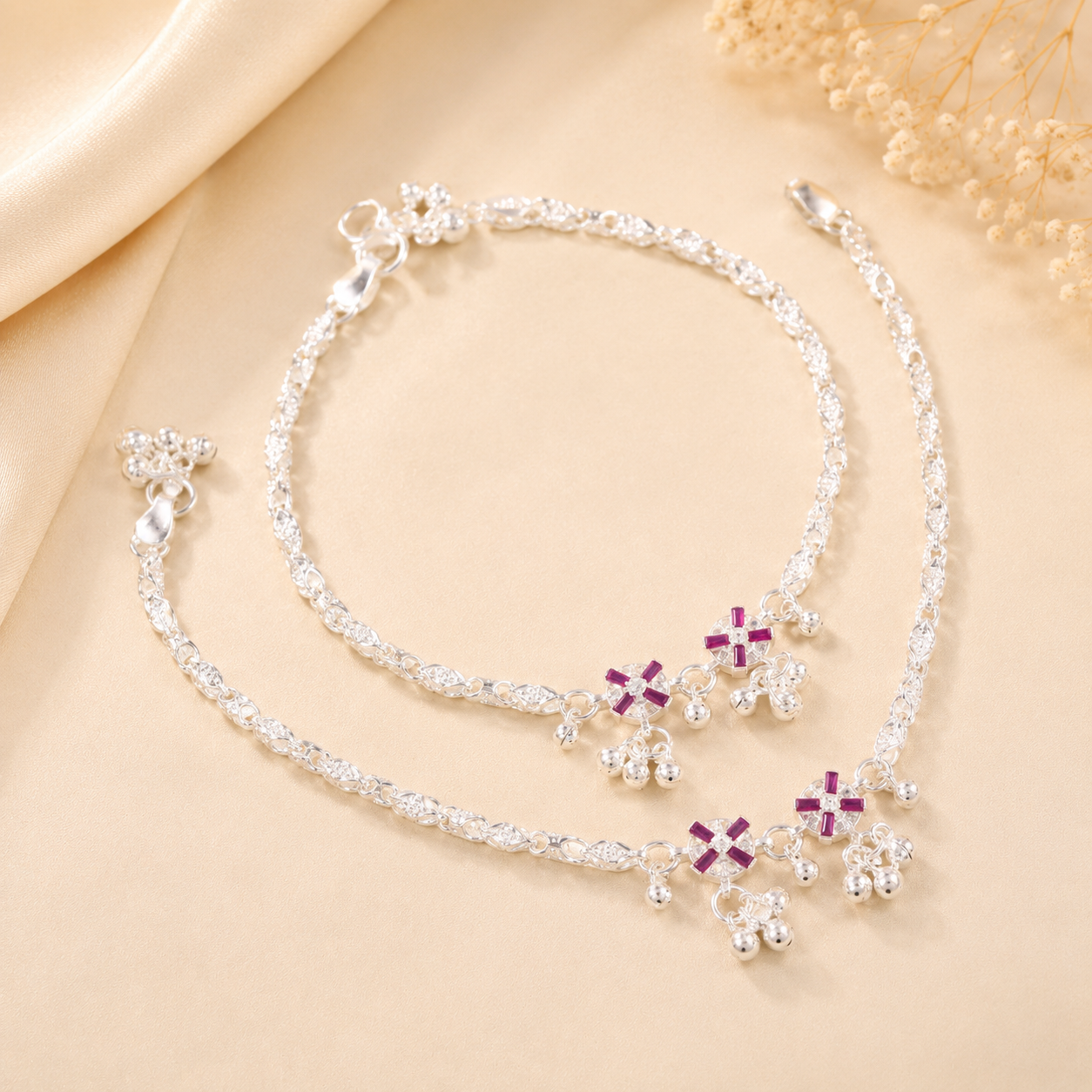 Myra Floral Charm Silver Anklets