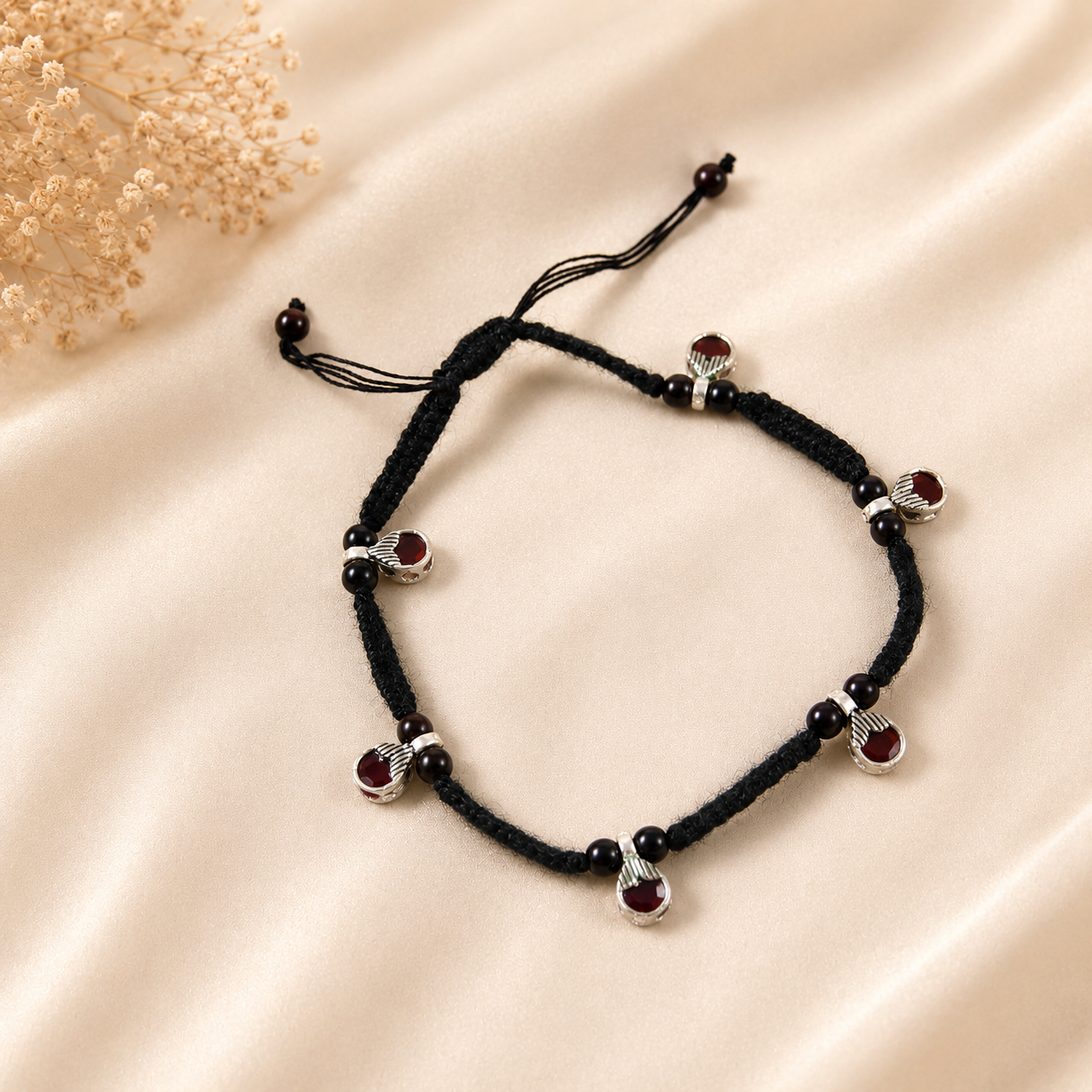 Diya Ruby Charm Silver Anklets