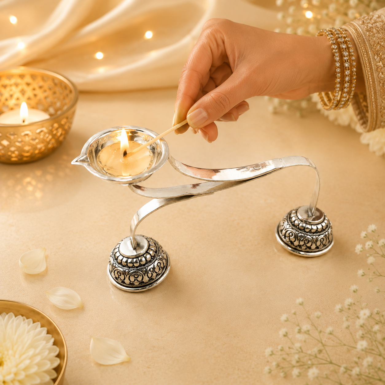 Virakshi Antique Silver Diya