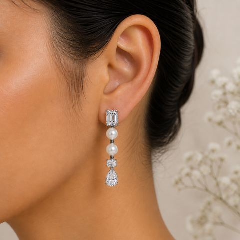 Kavya Crystal Drop Line Pearl Earrings