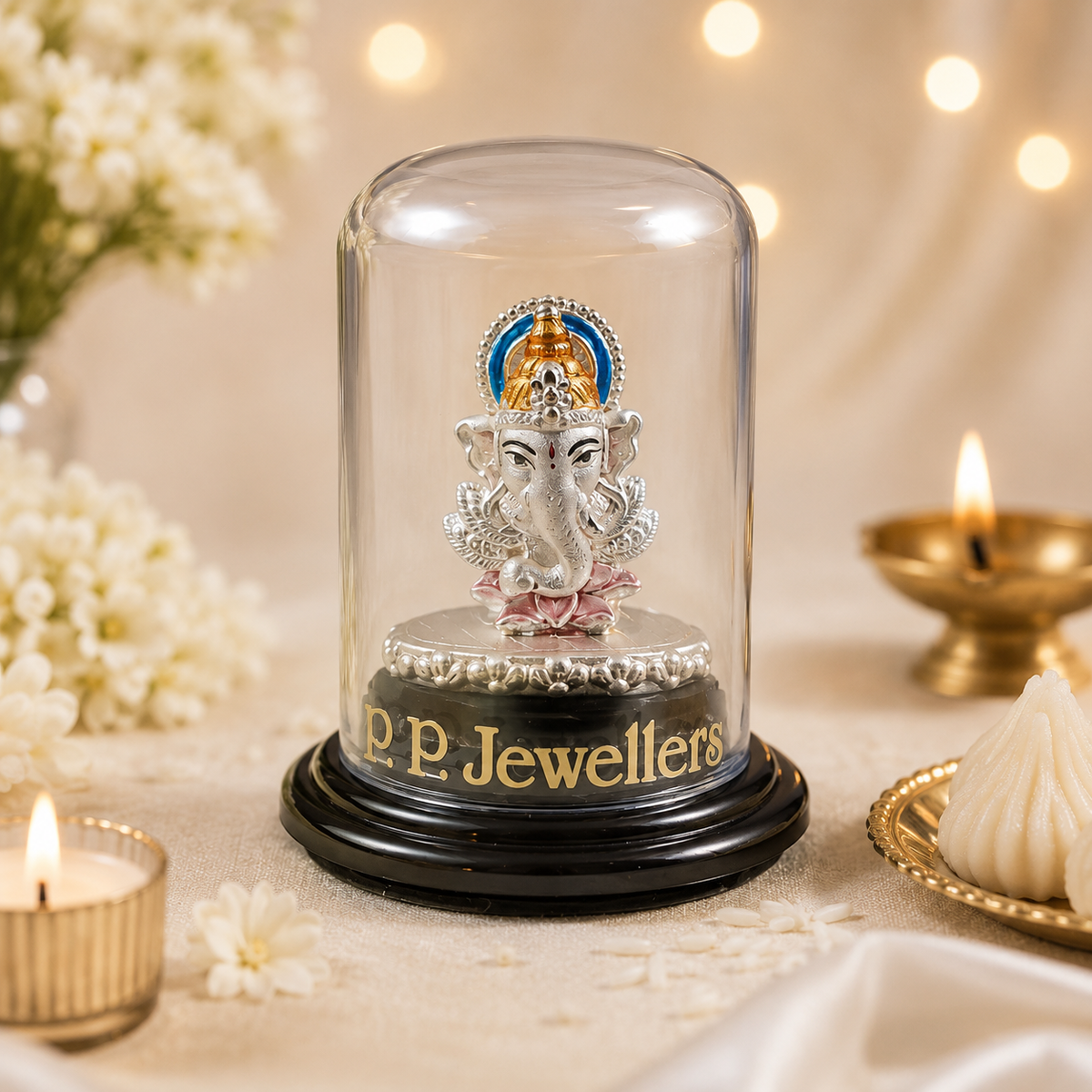 Divya Ganpati Silver Idol in Glass Dome
