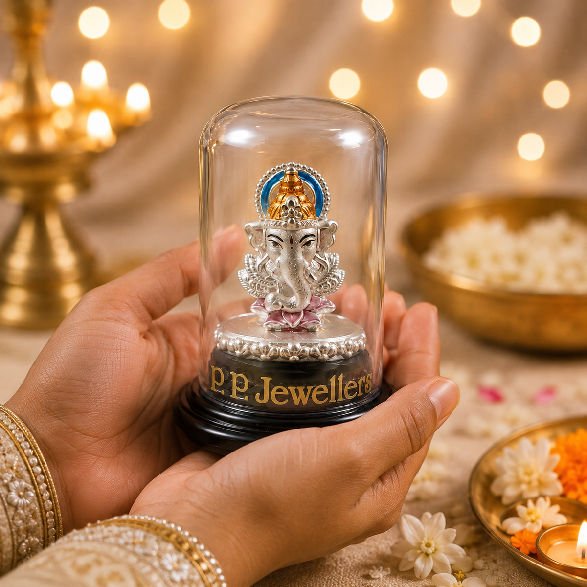 Divya Ganpati Silver Idol in Glass Dome