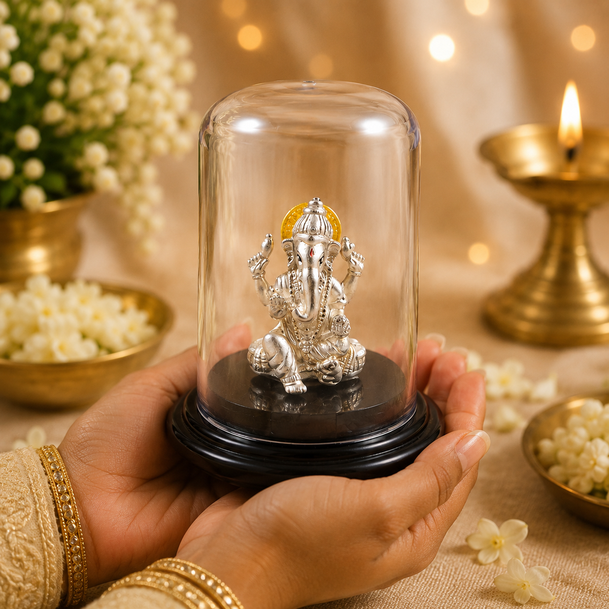 Mangalmurti Silver Ganesh Idol in Glass Dome