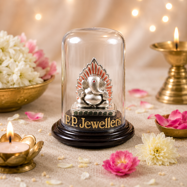 Surya Tej Silver Ganesh Idol in Glass Dome