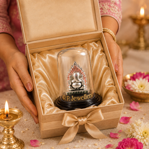 Surya Tej Silver Ganesh Idol in Glass Dome