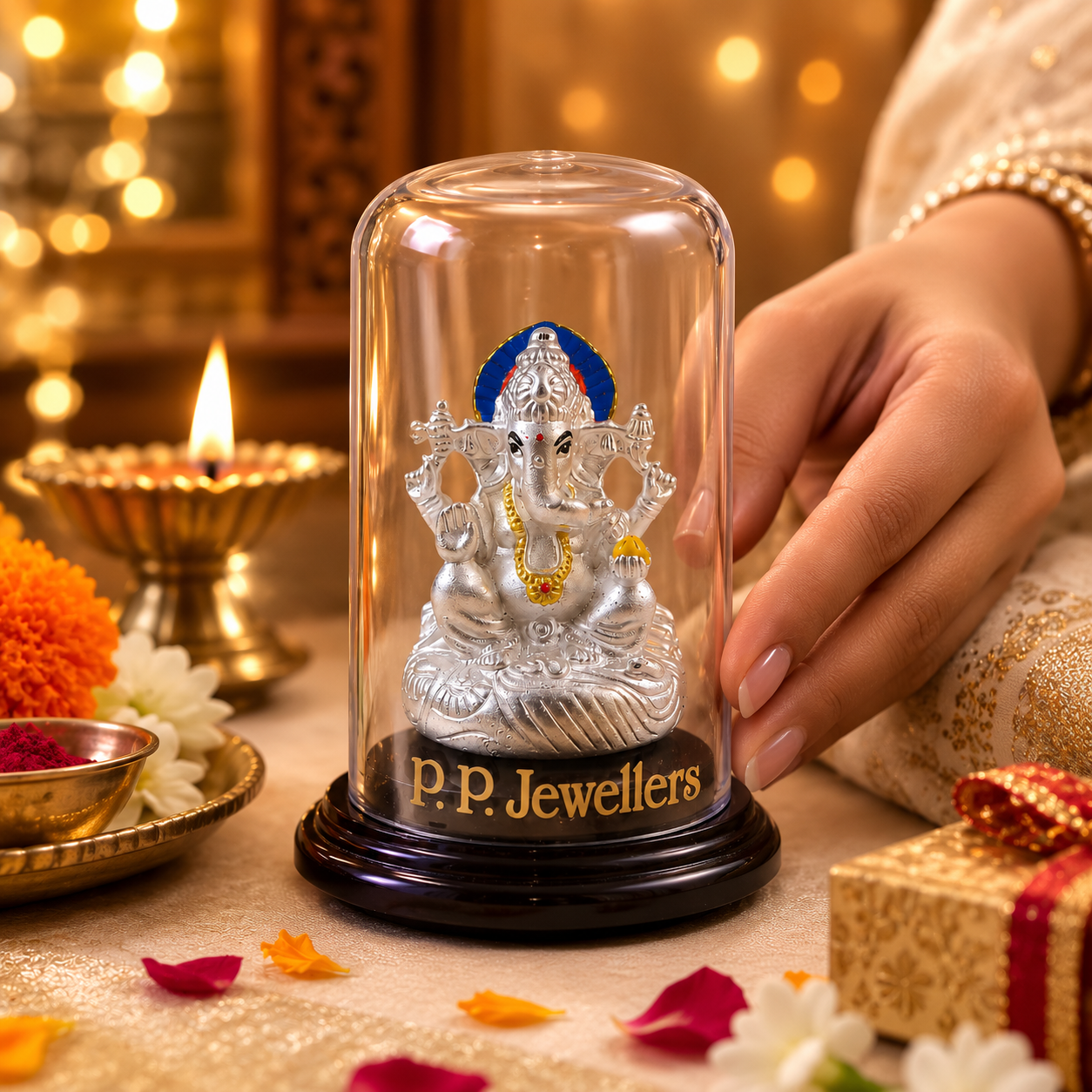 Blue Crown Aashirwad Ganesha Silver Idol