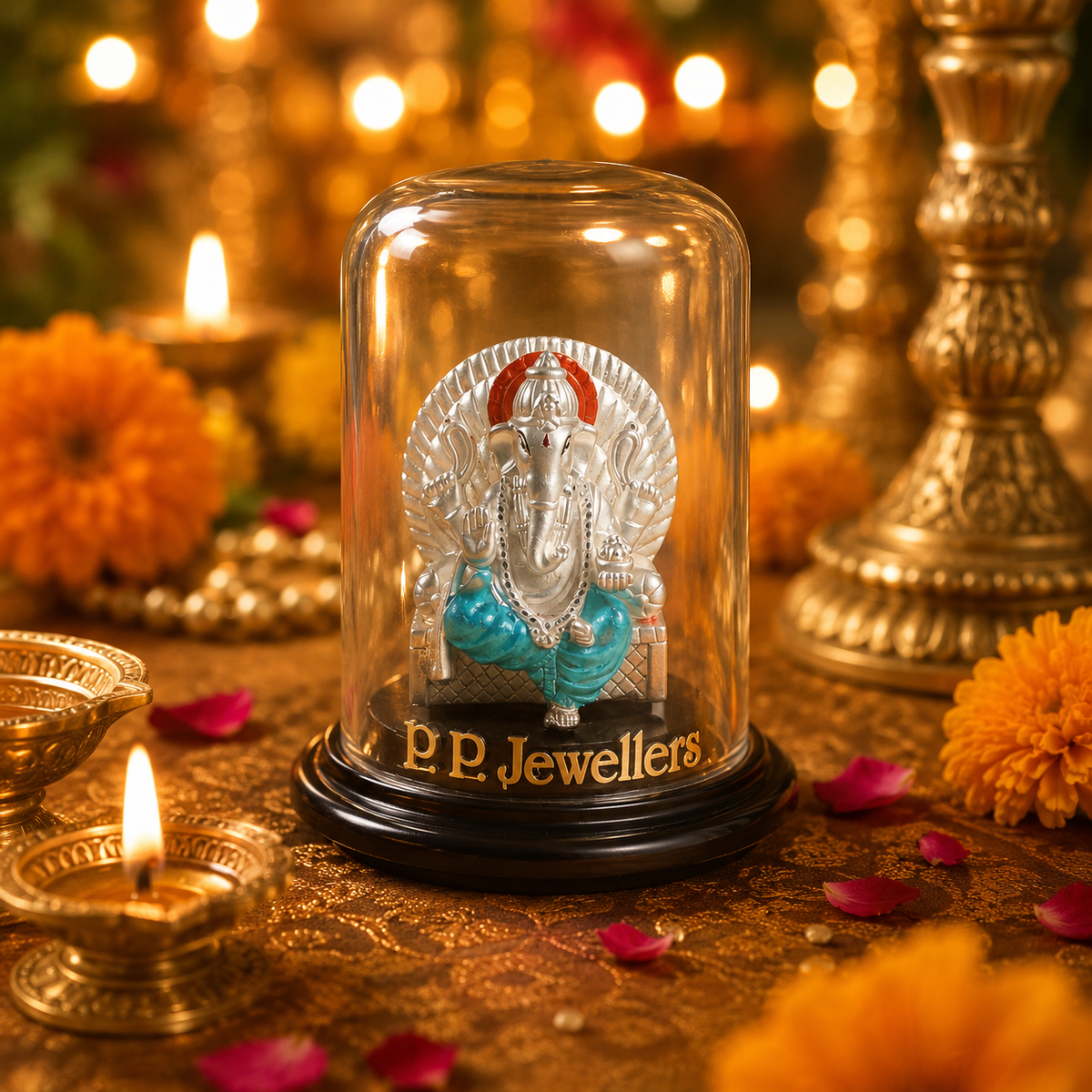 Rajtilak Silver Ganesh Idol in Glass Dome