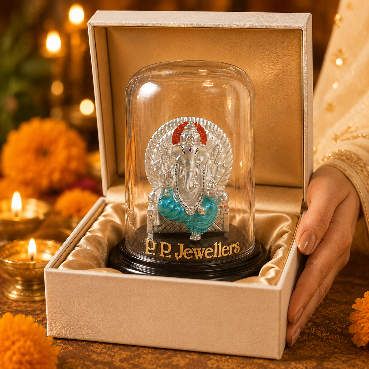 Rajtilak Silver Ganesh Idol in Glass Dome